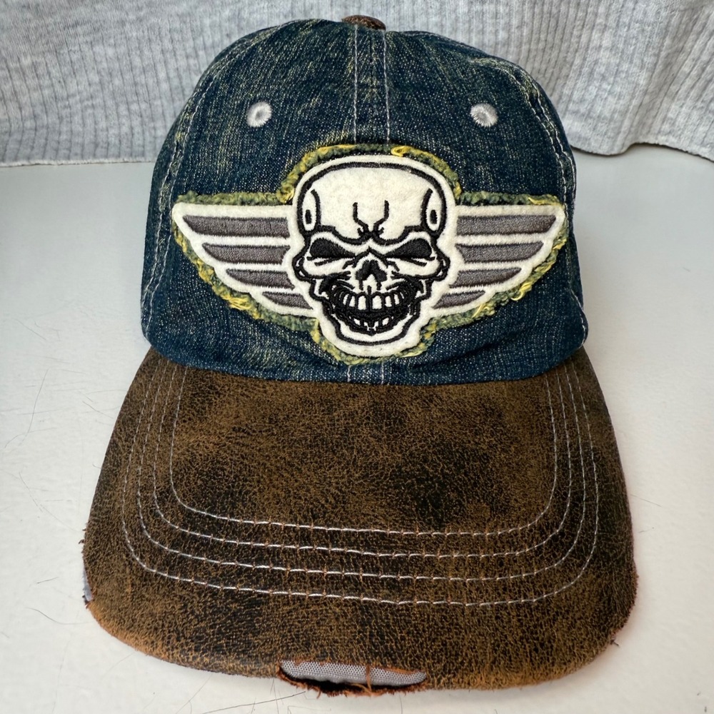 Kbethos Denim Hat Distressed Skull Winged Patch Blue Brown Faux Leather Mens Cap - Picture 1 of 7